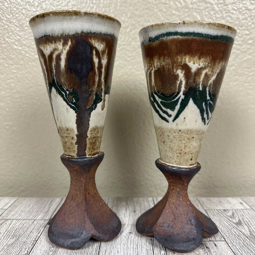 Vintage Studio Art Pottery And Metal Sculptural Candleholder Vases Handmade Pair